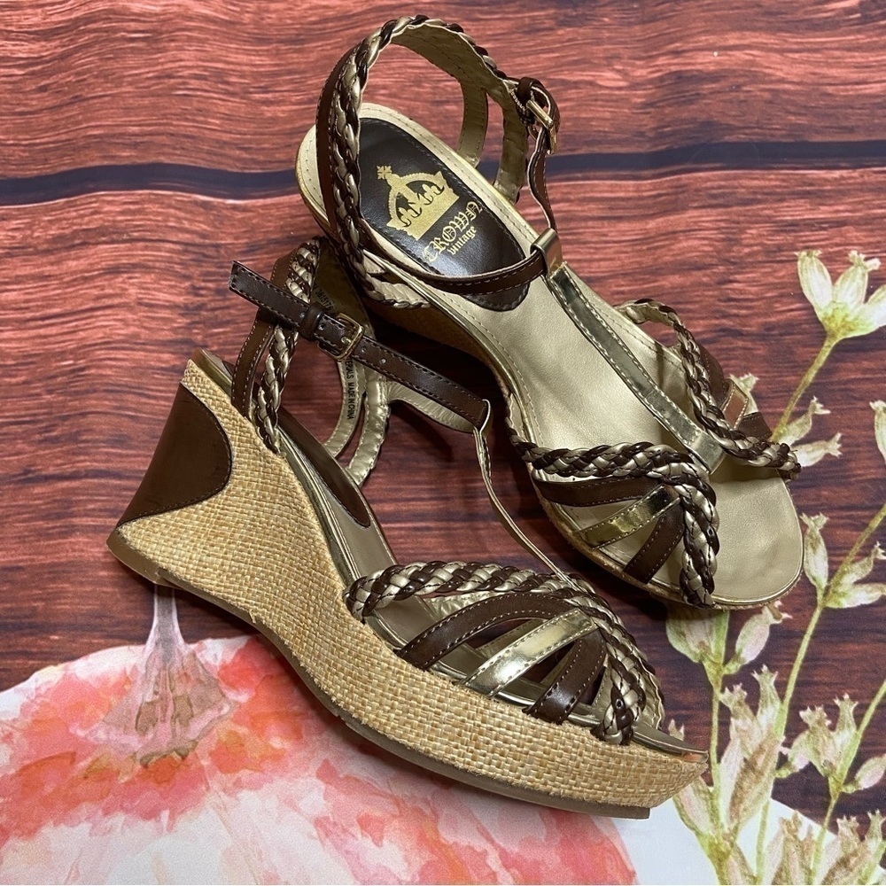CROWN VINTAGE Brown And Gold Platform Wedge Shoes 7M